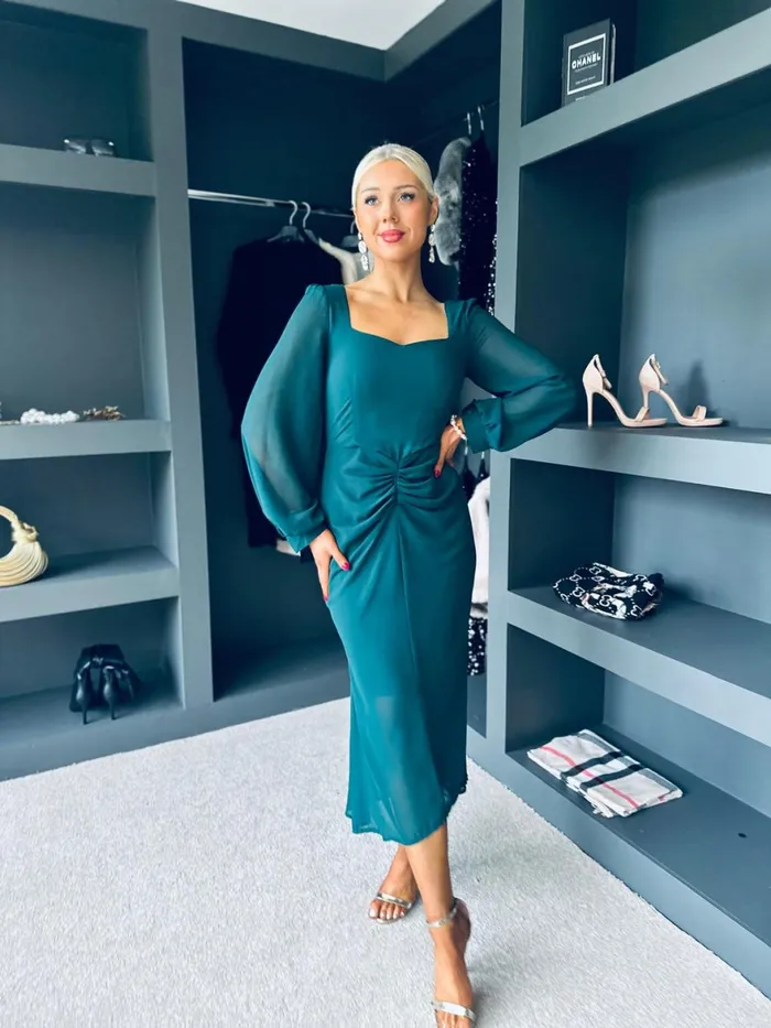 Women Day Dress Canella Lane Mina Sweetheart Neckline Ruched Detail Midi Dress Green