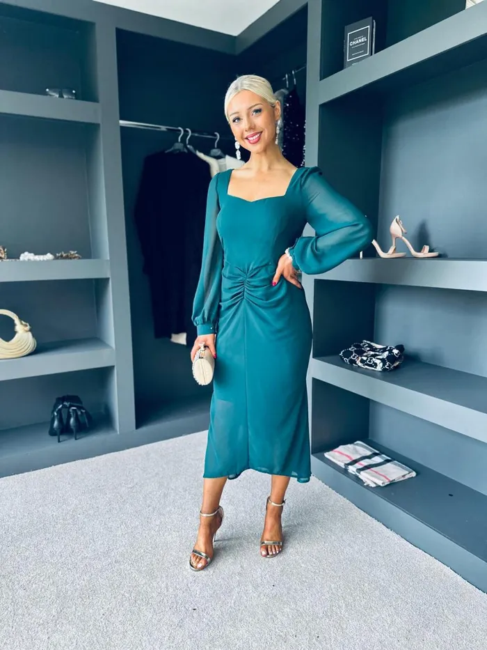 Women Day Dress Canella Lane Mina Sweetheart Neckline Ruched Detail Midi Dress Green