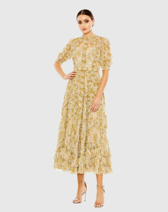 Women Daytime Dresses Mac Duggal Mesh Puff Sleeve Floral Print Dress Yellow Multi
