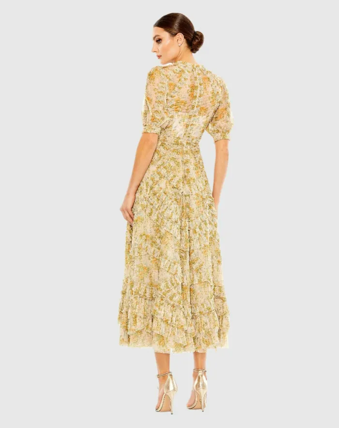 Women Daytime Dresses Mac Duggal Mesh Puff Sleeve Floral Print Dress Yellow Multi