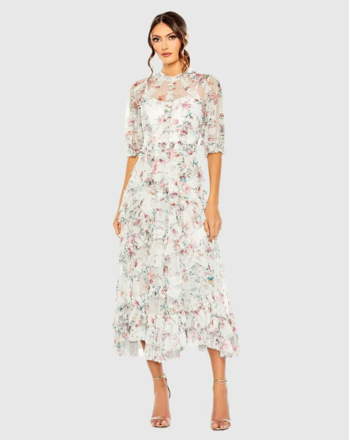 Women Daytime Dresses Mac Duggal Mesh Puff Sleeve Floral Print Dress Yellow Multi