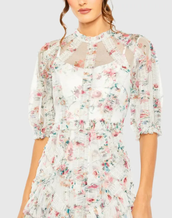 Women Daytime Dresses Mac Duggal Mesh Puff Sleeve Floral Print Dress Yellow Multi