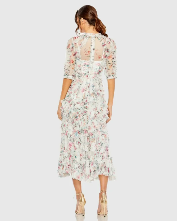 Women Daytime Dresses Mac Duggal Mesh Puff Sleeve Floral Print Dress Yellow Multi