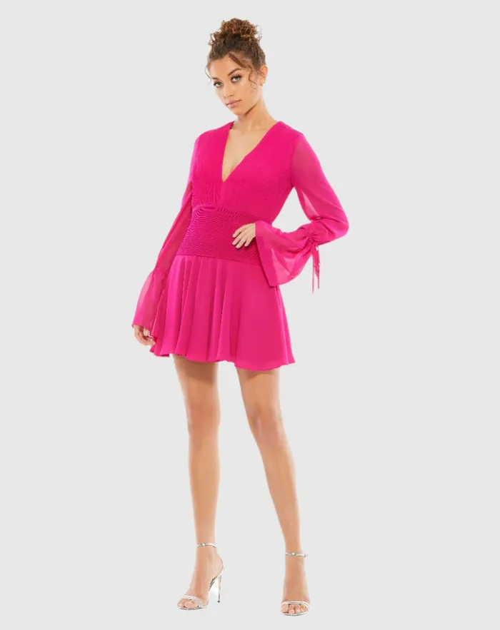 Women Daytime Dresses Mac Duggal Pink Pleated Bell Sleeve Chiffon Mini Dress 8211 FINAL SALE Hot Pink Women Daytime Dresses Mac Duggal Pink Pleated Bell Sleeve Chiffon Mini Dress 8211 FINAL SALE Hot Pink