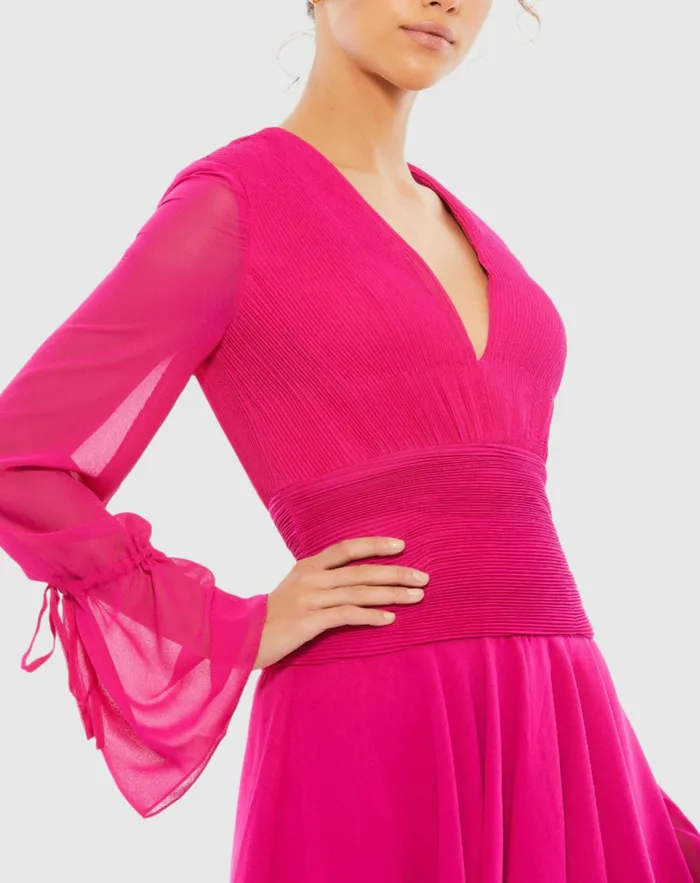 Women Daytime Dresses Mac Duggal Pink Pleated Bell Sleeve Chiffon Mini Dress 8211 FINAL SALE Hot Pink