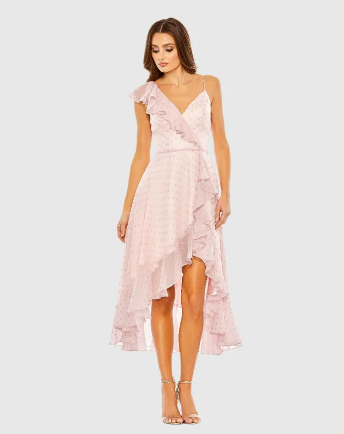 Women Daytime Dresses Mac Duggal Ruffled Faux Wrap Midi Dress Blush Gold