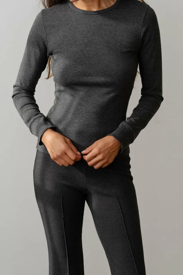 Women DONNI Tops The Baby Rib Scallop Long Sleeve