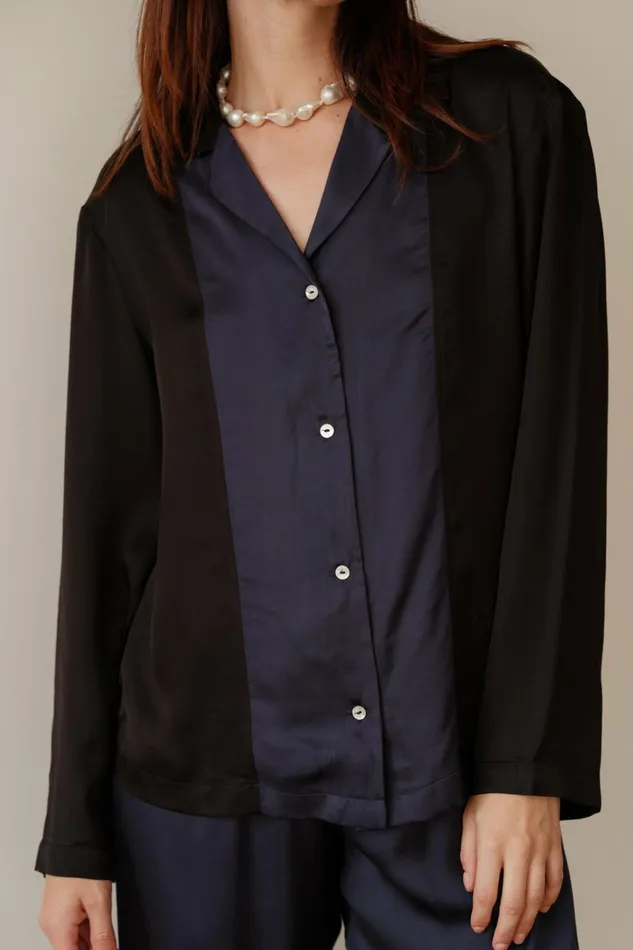 Women DONNI Tops The Silky Bowling Shirt Navy