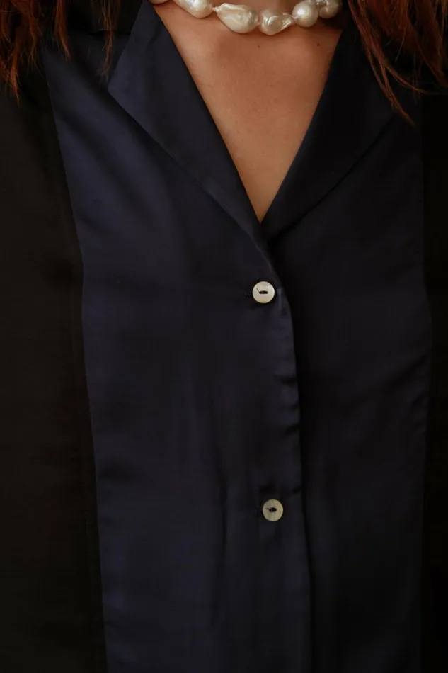 Women DONNI Tops The Silky Bowling Shirt Navy