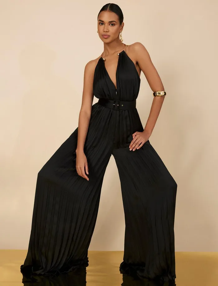Women Dresses BCBG Libby Wide Leg Belted Jumpsuit Black