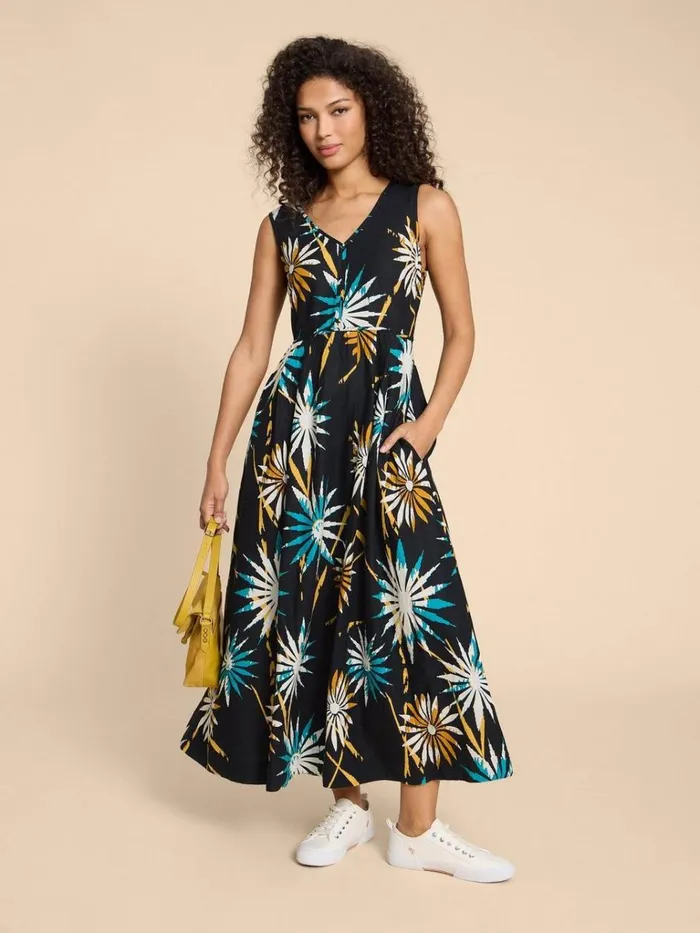 Women DRESSES White Stuff Gigi Linen Blend Maxi Dress Black Print