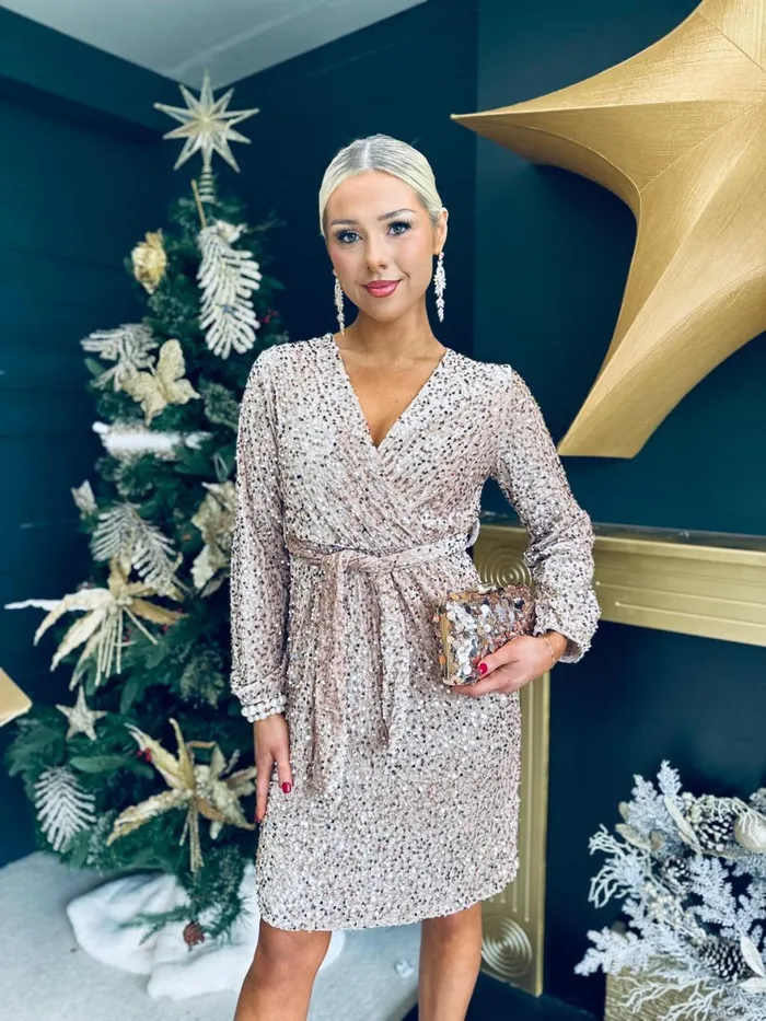 Women Evening Dress Canella Lane Carly Velvet Sequin Mini Dress Beige