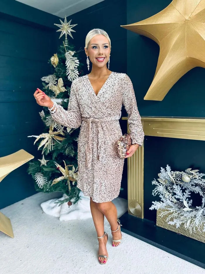 Women Evening Dress Canella Lane Carly Velvet Sequin Mini Dress Beige