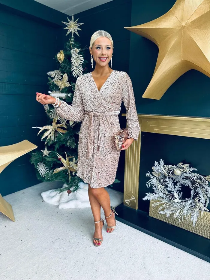Women Evening Dress Canella Lane Carly Velvet Sequin Mini Dress Beige