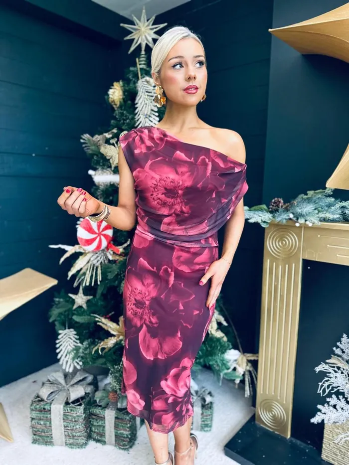 Women Evening Dress Canella Lane Donna Asymmetric Neckline Floral Print Mesh Midi Dress