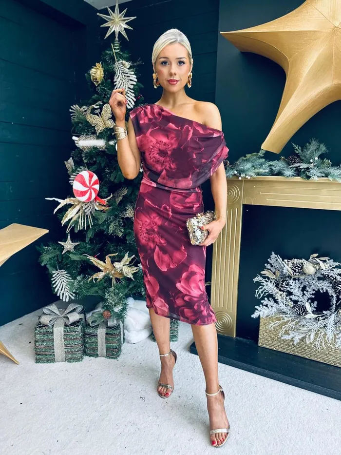 Women Evening Dress Canella Lane Donna Asymmetric Neckline Floral Print Mesh Midi Dress