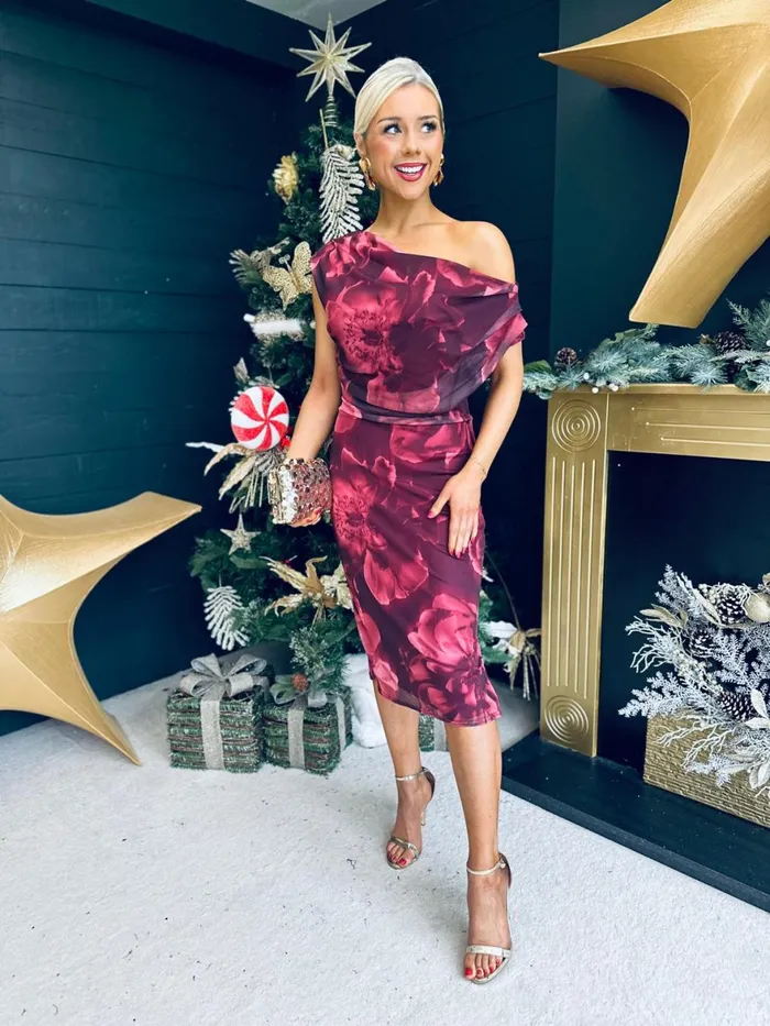 Women Evening Dress Canella Lane Donna Asymmetric Neckline Floral Print Mesh Midi Dress