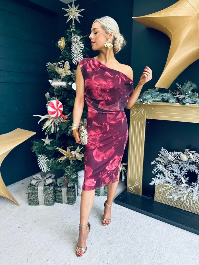 Women Evening Dress Canella Lane Donna Asymmetric Neckline Floral Print Mesh Midi Dress