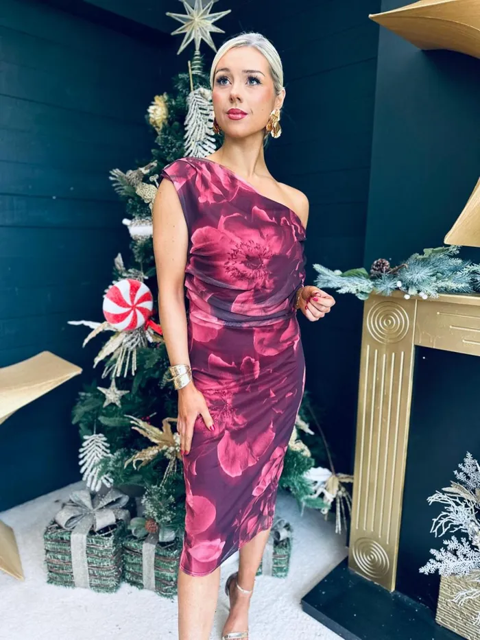 Women Evening Dress Canella Lane Donna Asymmetric Neckline Floral Print Mesh Midi Dress