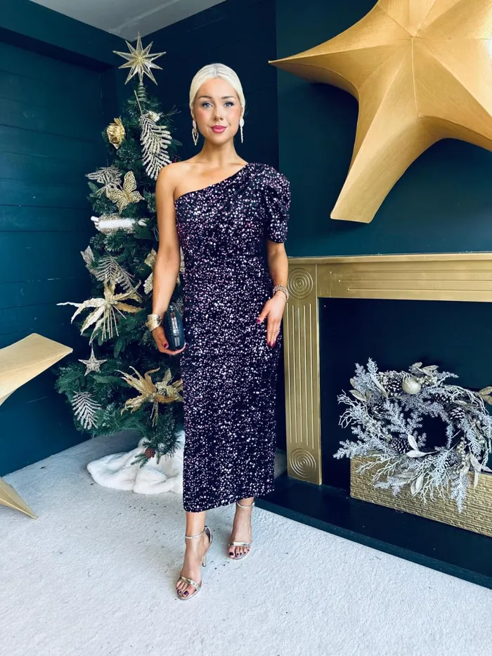 Women Evening Dress Canella Lane Georgia One Shoulder Sequin Midi Dress Purple