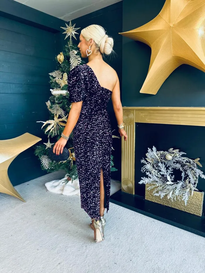 Women Evening Dress Canella Lane Georgia One Shoulder Sequin Midi Dress Purple