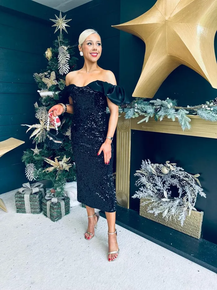 Women Evening Dress Canella Lane Hollie Sequin Bardot Occasion Dress Black