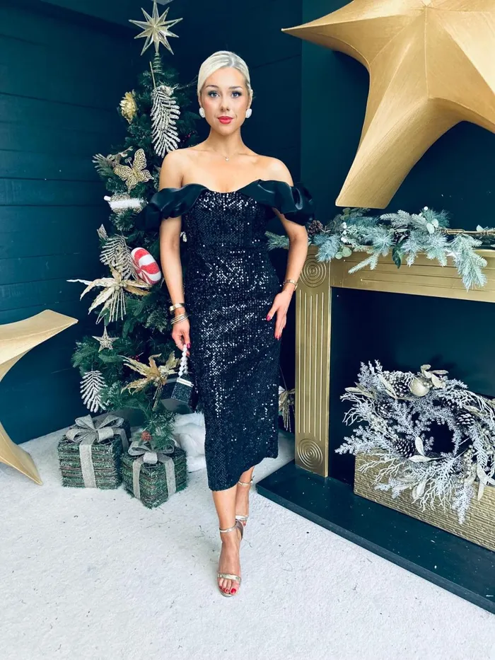 Women Evening Dress Canella Lane Hollie Sequin Bardot Occasion Dress Black