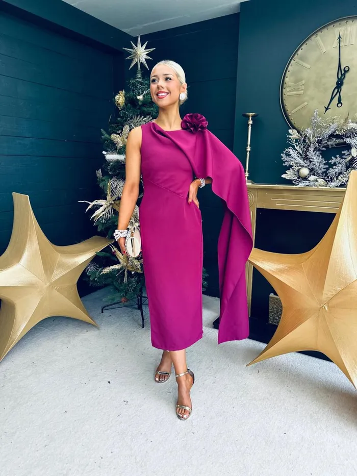 Women Evening Dress Canella Lane Keegan Cape Detail Occasion Dress Berry