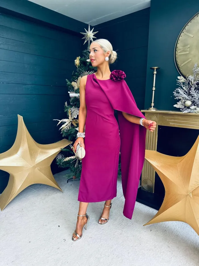 Women Evening Dress Canella Lane Keegan Cape Detail Occasion Dress Berry