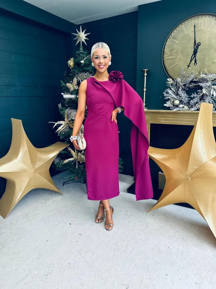 Women Evening Dress Canella Lane Keegan Cape Detail Occasion Dress Berry