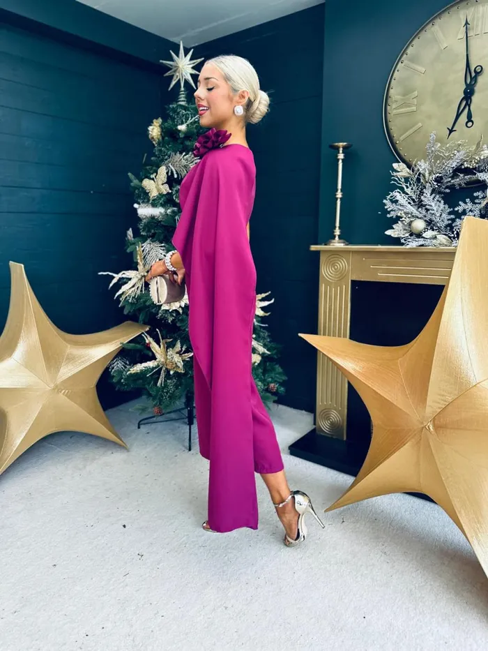 Women Evening Dress Canella Lane Keegan Cape Detail Occasion Dress Berry