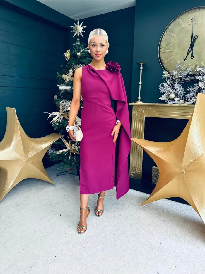 Women Evening Dress Canella Lane Keegan Cape Detail Occasion Dress Berry