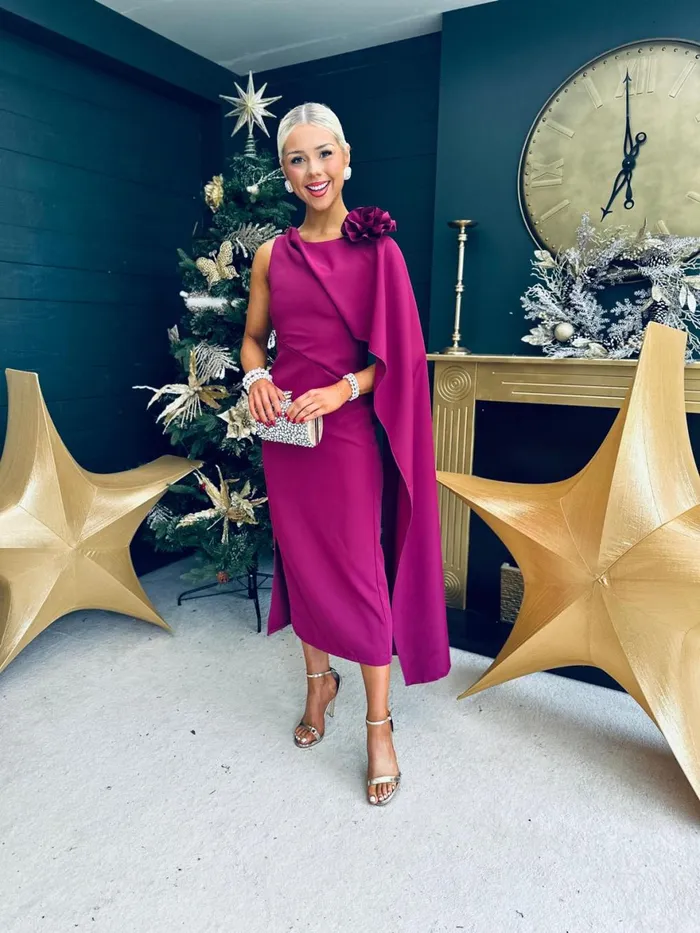 Women Evening Dress Canella Lane Keegan Cape Detail Occasion Dress Berry