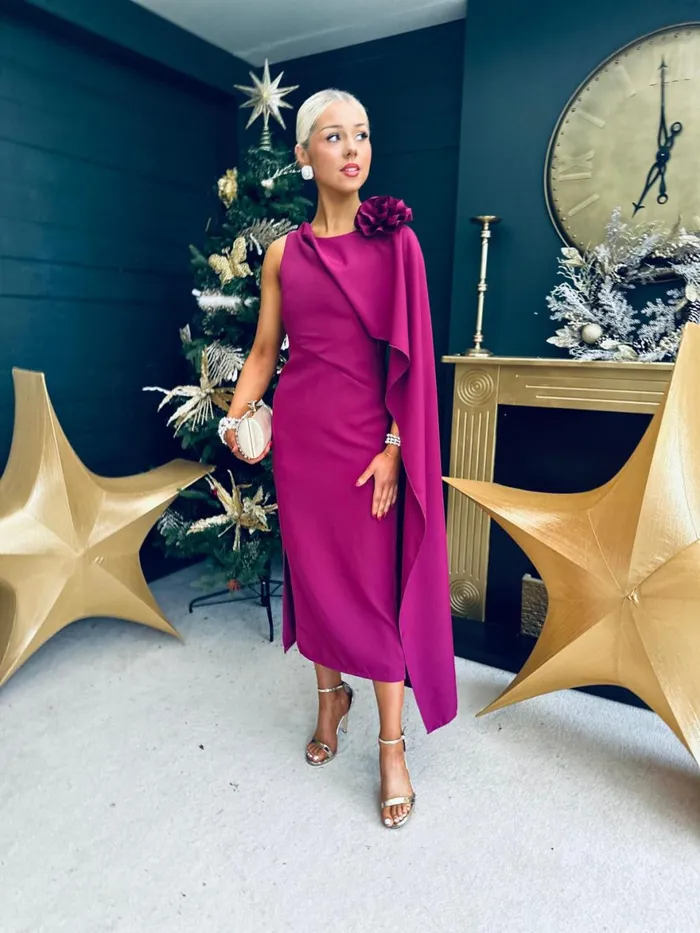 Women Evening Dress Canella Lane Keegan Cape Detail Occasion Dress Berry