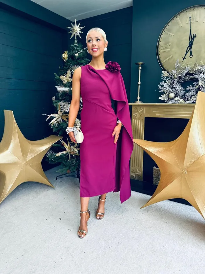 Women Evening Dress Canella Lane Keegan Cape Detail Occasion Dress Berry
