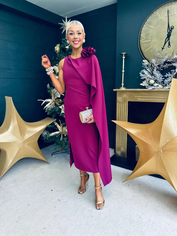Women Evening Dress Canella Lane Keegan Cape Detail Occasion Dress Berry
