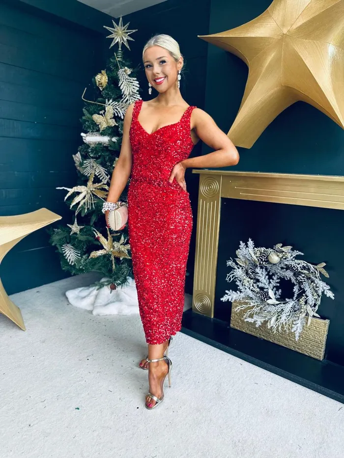 Women Evening Dress Canella Lane Pippa Occasion Midi Dress Sequin Red