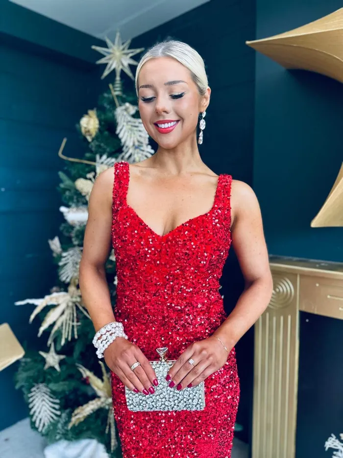 Women Evening Dress Canella Lane Pippa Occasion Midi Dress Sequin Red