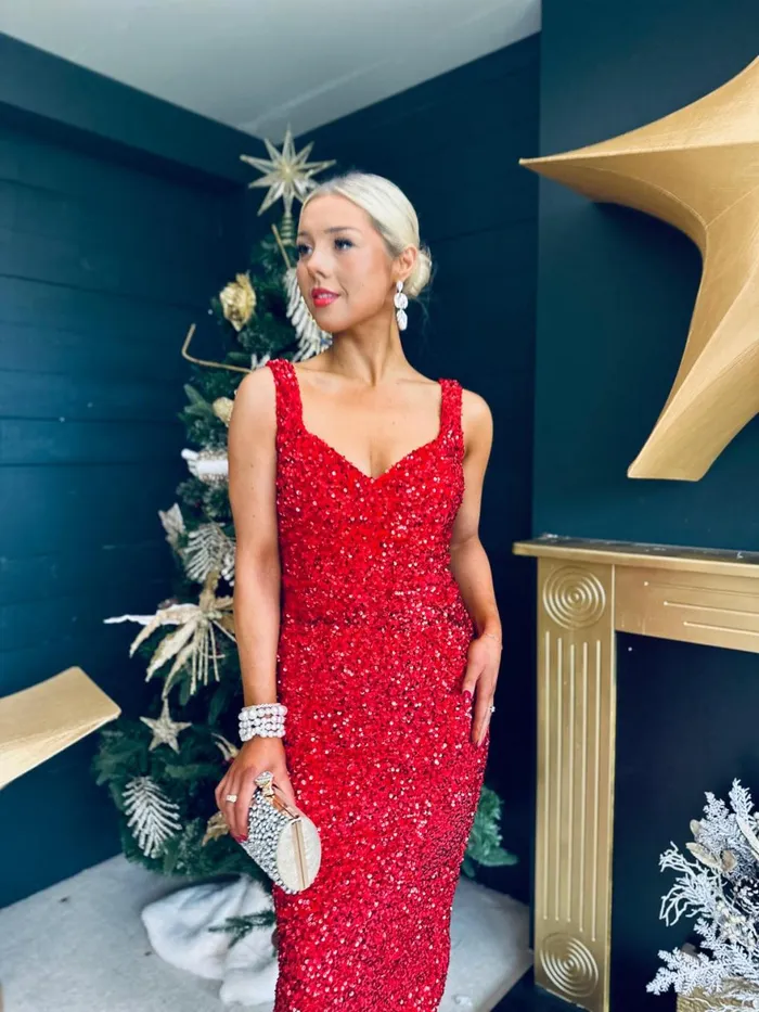 Women Evening Dress Canella Lane Pippa Occasion Midi Dress Sequin Red