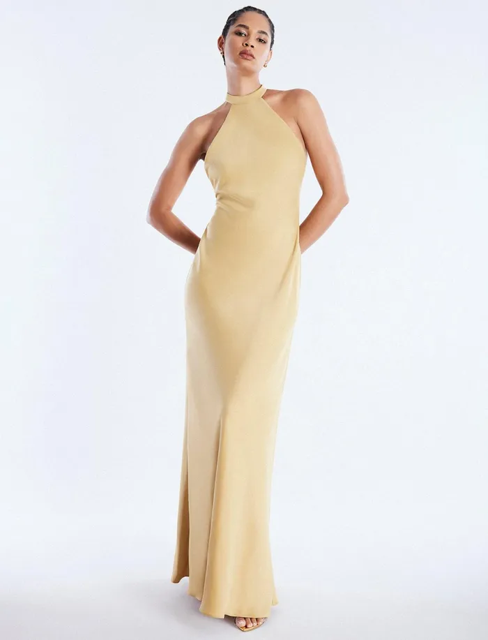 Women Evening Dresses and Gowns BCBG Peighten Halter Gown Prairie Sand
