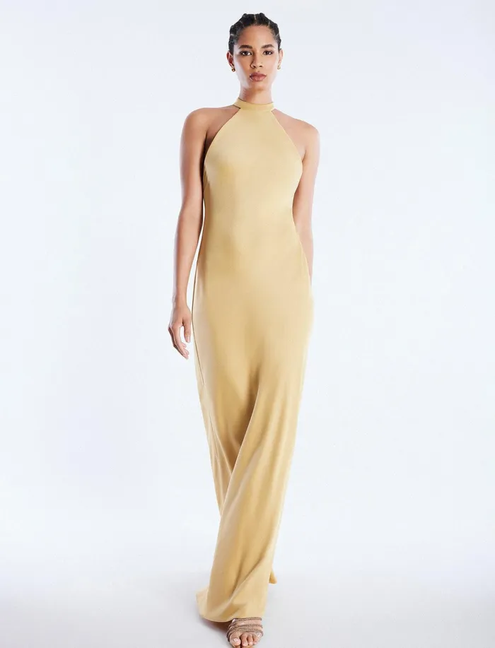 Women Evening Dresses and Gowns BCBG Peighten Halter Gown Prairie Sand