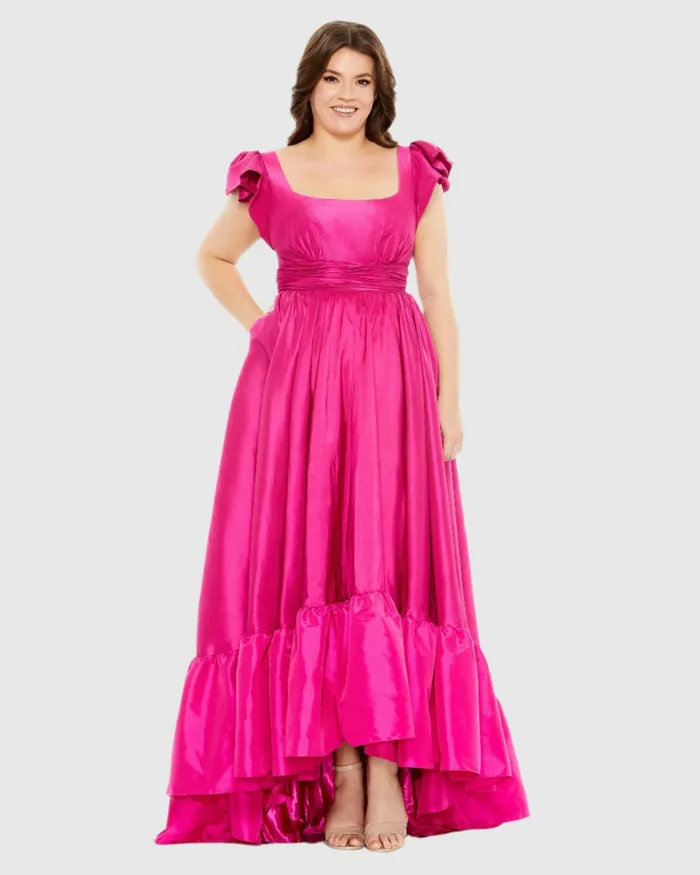 Women Flutter Sleeve A Line High Low Ruffle Hem Gown Plus Magenta Plus Size Dresses Mac Duggal