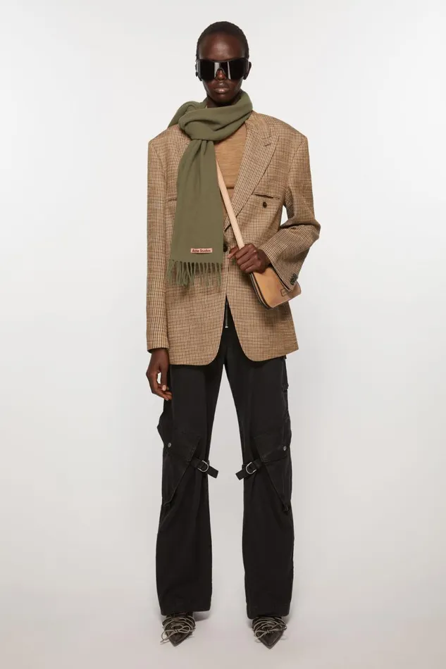 Women Fringe Wool Scarf 8211 Narrow Khaki Green Acne Studios Scarves