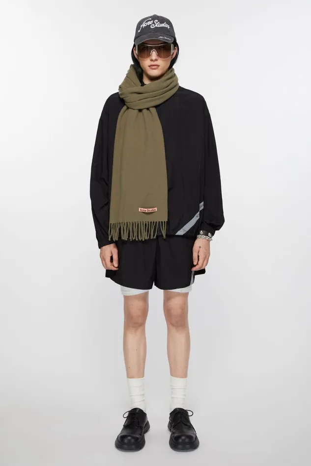 Women Fringe Wool Scarf 8211 Narrow Khaki Green Acne Studios Scarves