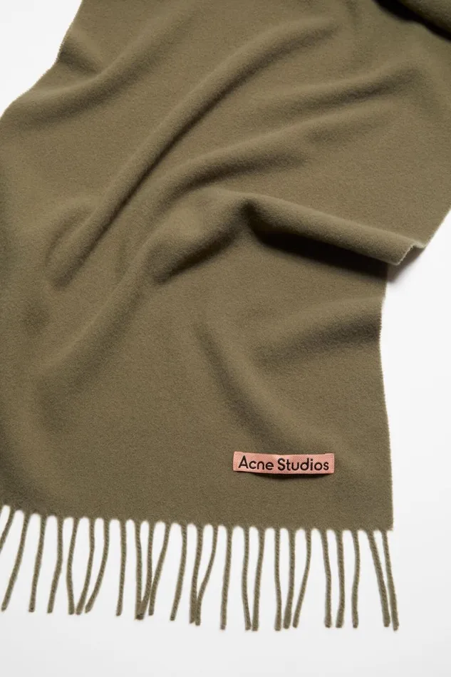 Women Fringe Wool Scarf 8211 Narrow Khaki Green Acne Studios Scarves