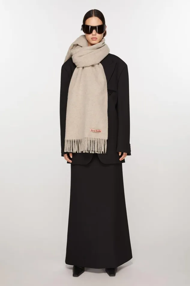 Women Fringe Wool Scarf 8211 Oversized Oatmeal Melange Acne Studios Scarves