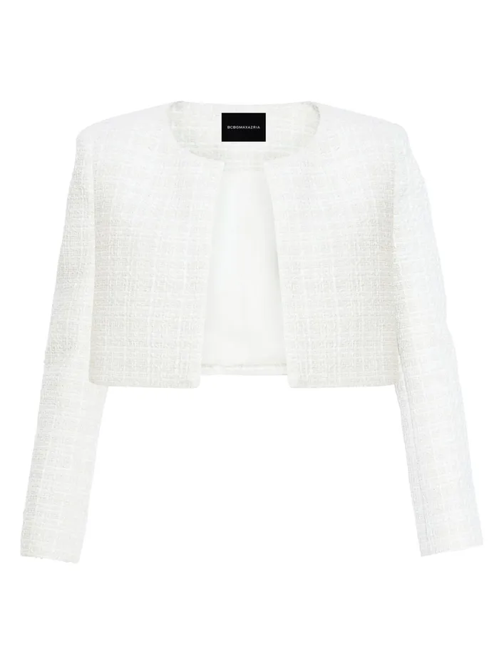 Women Jackets and Blazers BCBG Cropped Tweed Jacket Gardenia