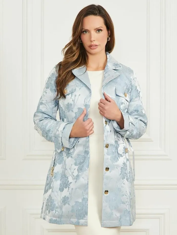 Women Jackets Marciano Golden Floral Trench Coat Soft Blue Flower Jacquard Women Jackets Marciano Golden Floral Trench Coat Soft Blue Flower Jacquard