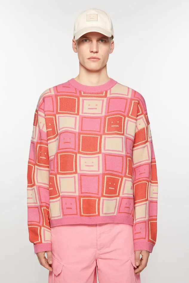 Women Jacquard Crew Neck Jumper Rusty Orangetango Pink Acne Studios Knitwear