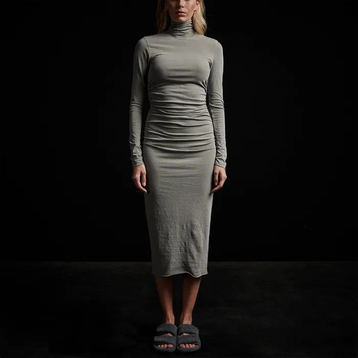 WOMEN James Perse DRESSESJUMPSUITS Recycled Brushed Jersey Ruched Turtleneck Dress Concrete Pigment
